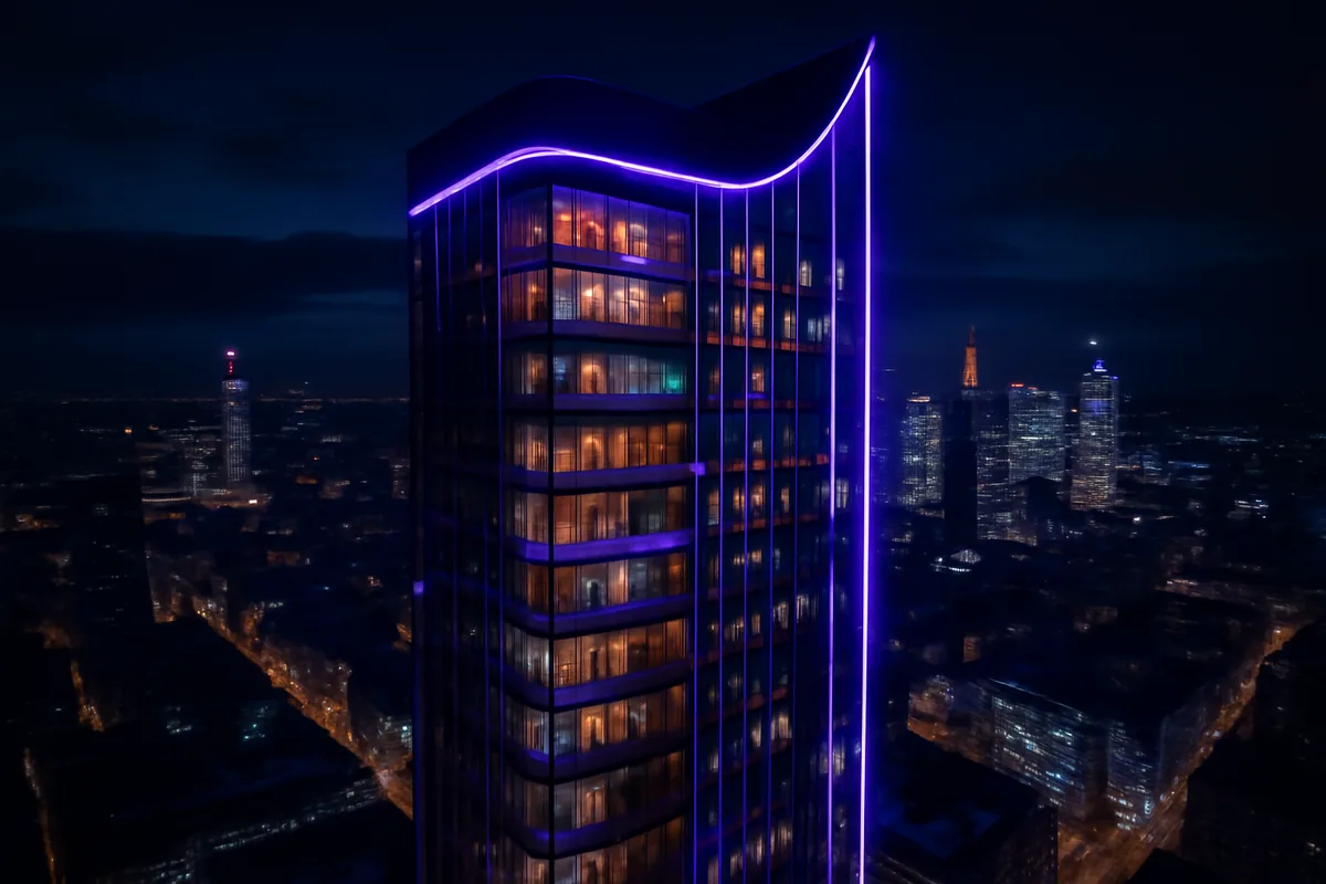 Hotel Spieltheuteimmer & Casino bei Nacht über Berlin